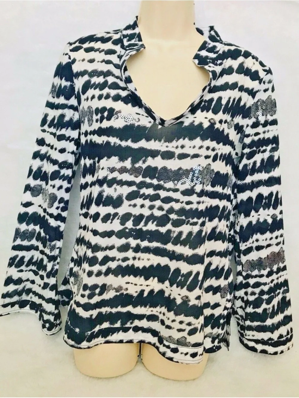 Tory Burch Black & White Tie-Dye Notch Neck Tunic
